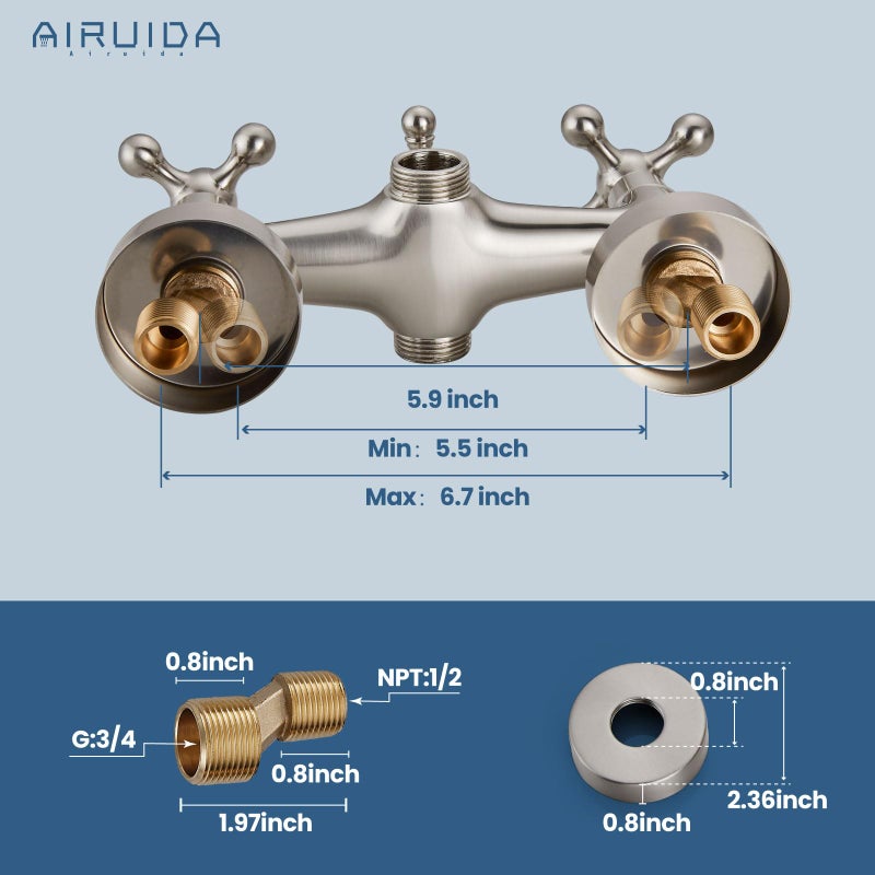 Airuida Wall Mount Bathtub Shower Faucet Kit with Telephone Shaped Handheld Sprayer Double Hot and Cold Water Mixer Tap Wall Mounted Tub Filler Set Vintage Style Cross Handles Brushed Nickel - Image 5